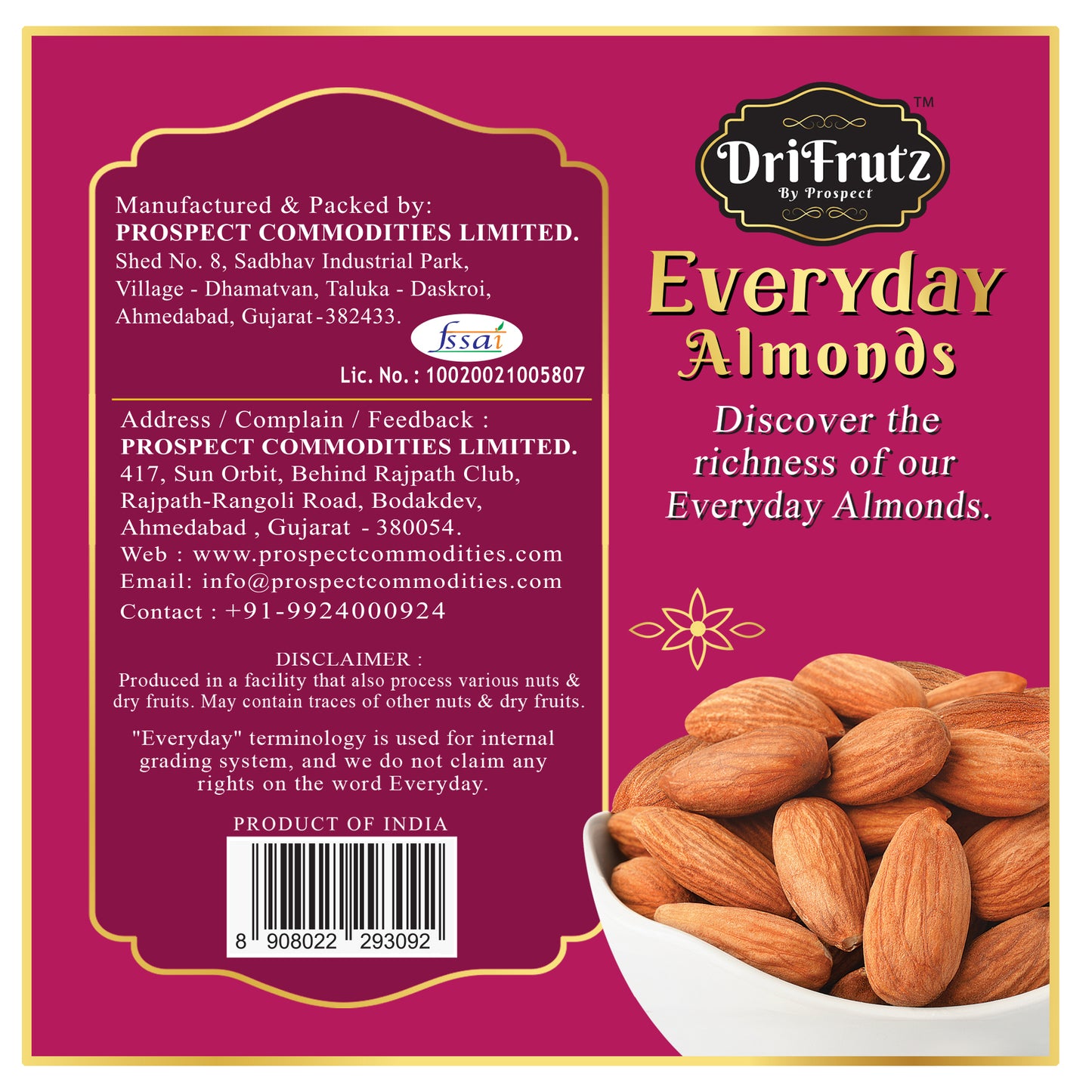 Everyday Almonds - 400gm - DriFrutz