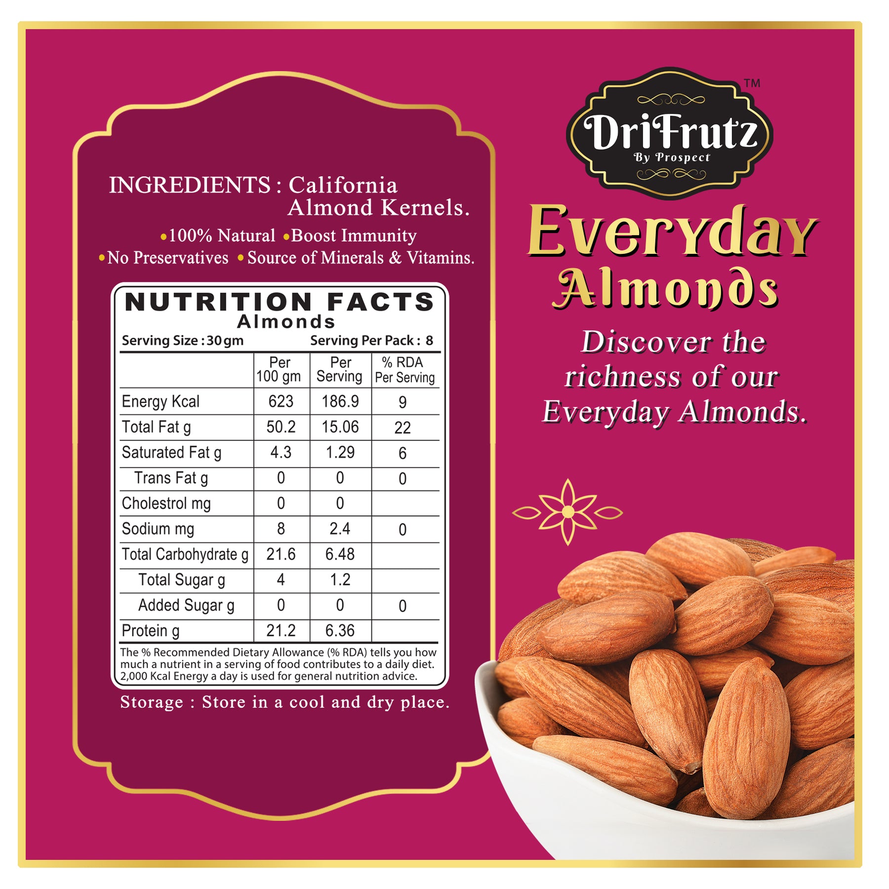 Everyday Almonds - 400gm - DriFrutz